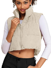 Load image into Gallery viewer, Women&#39;s Corduroy Cropped Puffer Vest with Pockets, High Stand Collar Outerwear Lightweight Warm Sleeveless Jacket