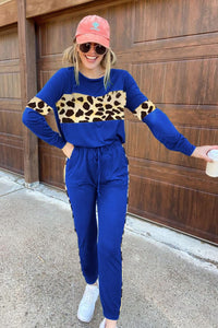 Leopard Sweatsuits Women 2 Piece Sets Crew neck Long Sleeve Tops Pants, Tracksuit with Pockets