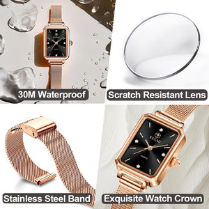 Women's Casual Watch, Rose Gold Tone Mesh Bracelet Stainless Steel Square Dress Watches for Women, Fashion Business Analog Quartz Ladies Small Wrist Watch