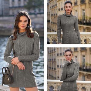 Women Polo Neck Long Slim Fitted Dress Bodycon Turtleneck Cable Knit Sweater