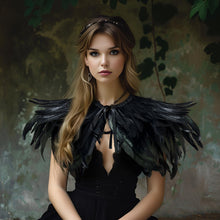 Load image into Gallery viewer, Gothic Black Feather Shawl Victorian Costume Shrug Halloween Cosplay Feather Wrap Lace Neck