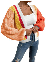 Load image into Gallery viewer, Women&#39;s Color Block Open Front Long Sleeve Ribbed Knit Cropped Cardigan Sweaters