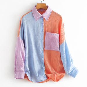 Women's Color Block Long Sleeve Button Down Boyfriend Shirt Blouses