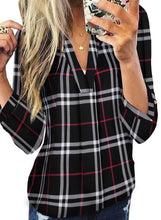 Load image into Gallery viewer, Womens Basic Casual V Neck Plaid Print Cotton Cuffed Long Sleeve Work Tops Blouses Shirts S-3XL