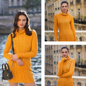 Women Polo Neck Long Slim Fitted Dress Bodycon Turtleneck Cable Knit Sweater