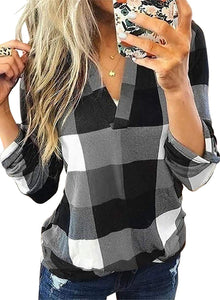 Womens Basic Casual V Neck Plaid Print Cotton Cuffed Long Sleeve Work Tops Blouses Shirts S-3XL