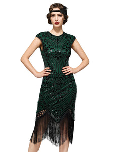 SWEETV Women's Flapper Dresses 1920s Great Gatsby Dresses Sequin Fringed Roaring 20s Cocktail Dress