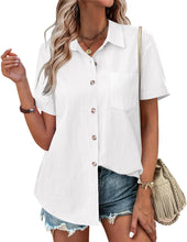 Load image into Gallery viewer, Womens Button Down Shirts Color Block Short Sleeve Cotton Linen Summer Causal Blouses Tops