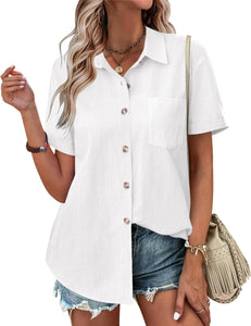 Womens Button Down Shirts Color Block Short Sleeve Cotton Linen Summer Causal Blouses Tops