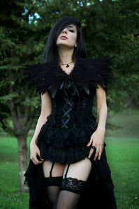 Gothic Black Feather Shawl Victorian Costume Shrug Halloween Cosplay Feather Wrap Lace Neck