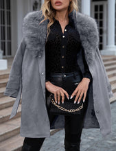 Load image into Gallery viewer, Women Faux Suede Leather Jacket Fall and Winter Fashion Trench Long Cardigan Belted Coat with Detachable Fur Collar