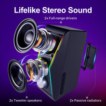 Load image into Gallery viewer, Computer Speakers, PC Speakers with 6 Lighting Modes, USB Powered Computer Speakers for Desktop Monitor with 2 Bass-Boost Ports, 2 Speaker Units, and 3.5mm Aux-in Cable for PC, Laptop, Tablet, Phone