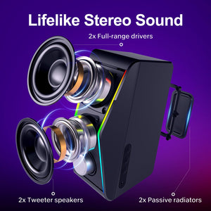 Computer Speakers, PC Speakers with 6 Lighting Modes, USB Powered Computer Speakers for Desktop Monitor with 2 Bass-Boost Ports, 2 Speaker Units, and 3.5mm Aux-in Cable for PC, Laptop, Tablet, Phone