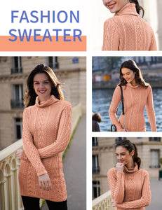 Women Polo Neck Long Slim Fitted Dress Bodycon Turtleneck Cable Knit Sweater