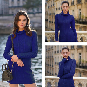 Women Polo Neck Long Slim Fitted Dress Bodycon Turtleneck Cable Knit Sweater