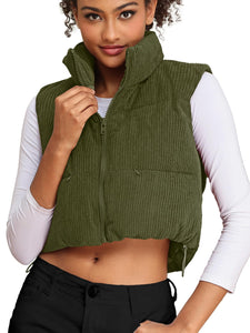 Women's Corduroy Cropped Puffer Vest with Pockets, High Stand Collar Outerwear Lightweight Warm Sleeveless Jacket