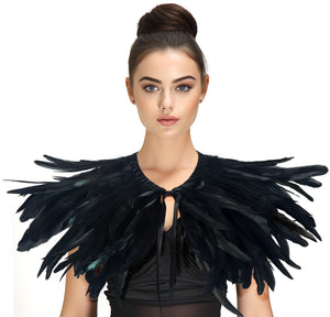 Gothic Black Feather Shawl Victorian Costume Shrug Halloween Cosplay Feather Wrap Lace Neck