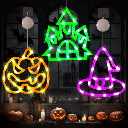 Halloween Decorations Lights,3PCS Halloween Lights Halloween Window Decorations, Orange Pumpkin, Purple Witch Hat, Green House Lights, Halloween Decorations Outdoor Indoor Home Party Gift (3 Hooks)