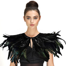 Load image into Gallery viewer, Gothic Black Feather Shawl Victorian Costume Shrug Halloween Cosplay Feather Wrap Lace Neck