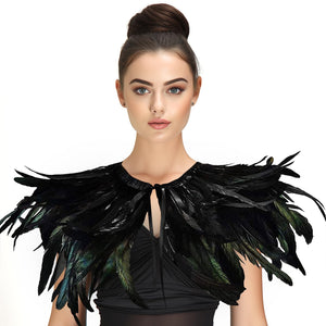 Gothic Black Feather Shawl Victorian Costume Shrug Halloween Cosplay Feather Wrap Lace Neck