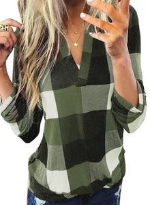 Womens Basic Casual V Neck Plaid Print Cotton Cuffed Long Sleeve Work Tops Blouses Shirts S-3XL