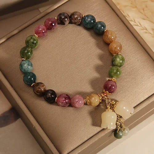 Natural Color Tourmaline Bracelet Female Summer Niche Light Luxury Bell Orchid Pendant Hand String For Girlfriend Bestie Gift