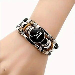 Boho Chic Braided Bracelet with Letter Pattern – Versatile Unisex PU Leather Wristband for Both Men and Women