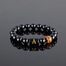 Load image into Gallery viewer, Luxury Glossy Black Glass Letter Beaded Tiger Eye Stone Boho Chic Stainless Steel 14K Gold Plated Adjustable Cuff Bangle for Men and Women