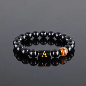 Luxury Glossy Black Glass Letter Beaded Tiger Eye Stone Boho Chic Stainless Steel 14K Gold Plated Adjustable Cuff Bangle for Men and Women