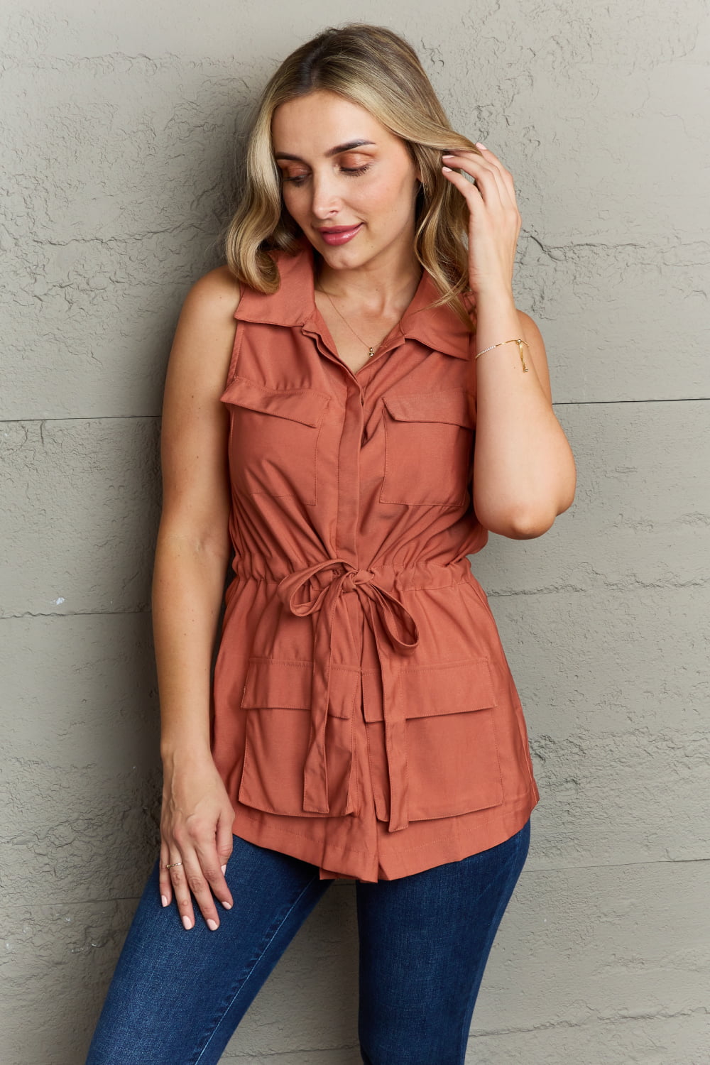 Ninexis Follow The Light Sleeveless Collared Button Down Top - SALE!