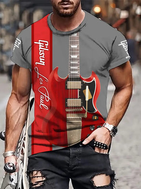 Men's Graphic Guitar Print Crew Neck T-Shirt - Soft Slight Stretch Polyester Fabric, Casual Short Sleeve Regular Fit Tee - L