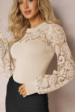 Load image into Gallery viewer, Lace Patchwork Round Neck Long Sleeve Blouse