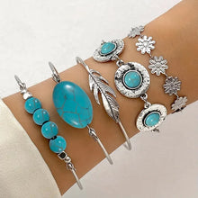 Load image into Gallery viewer, A Set of 5 Retro Turquoise Inlaid Jewelry Bracelet, Personality Ethnic Style Flower Feather Cuff Bracelet Bangle