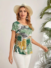 Load image into Gallery viewer, Leaf Print Crew Neck Blouse, Elegant Short Sleeve Blouse For Women -Size: S