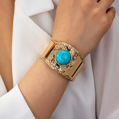 Vintage-Inspired Turquoise Stone Cuff Bracelet - 14K Golden Plated Alloy, Elegant Design, Women's Fashion Jewelry for Everyday Wear