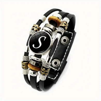 Boho Chic Braided Bracelet with Letter Pattern – Versatile Unisex PU Leather Wristband for Both Men and Women