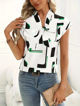 Load image into Gallery viewer, Chic Tie-Neck Blouse with Graphic Print - Cap Sleeve, Lightweight, Perfect for Spring/Summer - Size: L &amp; S