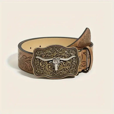 Vintage Western Style Unisex Belt - Embossed PU Leather, Adjustable Waistband for Women and Men