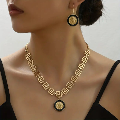 18K Gold-Plated Enamel Lion Head & Great Wall Necklace and Earrings - Elegant Jewelry Set