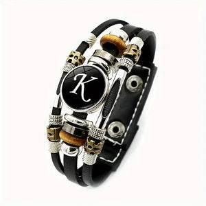 Boho Chic Braided Bracelet with Letter Pattern – Versatile Unisex PU Leather Wristband for Both Men and Women