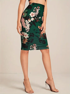 Floral Print High Waist Skirt, Vintage Body-con Skirt For Spring & Summer -Size: M
