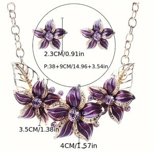 Fashionable Floral Baked Paint Jewelry Set - Shimmering Rhinestone Clavicle Chain & Flower Stud Earrings Duo