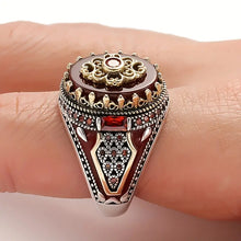 Load image into Gallery viewer, Vintage-Inspired Silvery Crown Men&#39;s Punk Ring - Engraved Eagle Print, Red Synthetic Gemstones