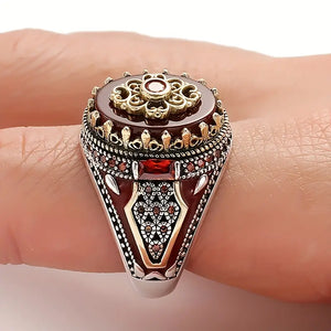 Vintage-Inspired Silvery Crown Men's Punk Ring - Engraved Eagle Print, Red Synthetic Gemstones