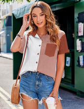 Load image into Gallery viewer, Womens Button Down Shirts Color Block Short Sleeve Cotton Linen Summer Causal Blouses Tops