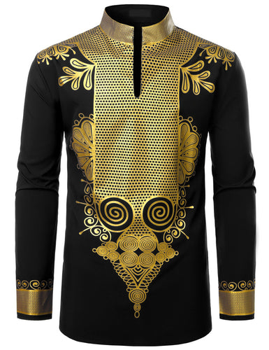 Men's Collar Long Sleeve Dashiki Shiny Pattern Printed Dazzling Shirt, Perfect for Artist