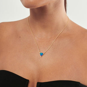 Gold Pendant Necklaces for Women, 14K Gold Plated Synthetics Blue Opal Necklace Created October’s Birthstone Charm Simple Triangle Pendant Necklaces Gold Jewelry for Women Trendy