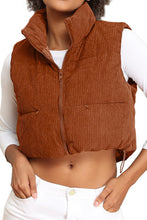 Load image into Gallery viewer, Women&#39;s Corduroy Cropped Puffer Vest with Pockets, High Stand Collar Outerwear Lightweight Warm Sleeveless Jacket