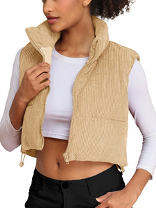 Women's Corduroy Cropped Puffer Vest with Pockets, High Stand Collar Outerwear Lightweight Warm Sleeveless Jacket