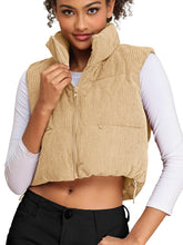 Load image into Gallery viewer, Women&#39;s Corduroy Cropped Puffer Vest with Pockets, High Stand Collar Outerwear Lightweight Warm Sleeveless Jacket